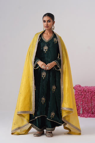 Emerald zardozi embroidered velvet kurta paired with velvet palazzo and embroidered tissue chanderi stripe dupatta
