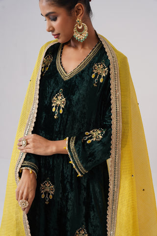 Emerald zardozi embroidered velvet kurta paired with velvet palazzo and embroidered tissue chanderi stripe dupatta