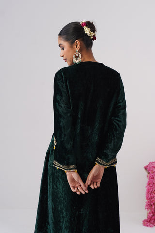 Emerald zardozi embroidered velvet kurta paired with velvet palazzo and embroidered tissue chanderi stripe dupatta