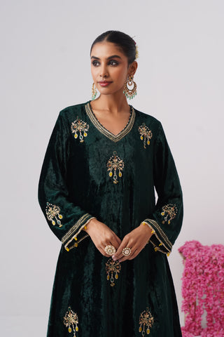 Emerald zardozi embroidered velvet kurta paired with velvet palazzo and embroidered tissue chanderi stripe dupatta