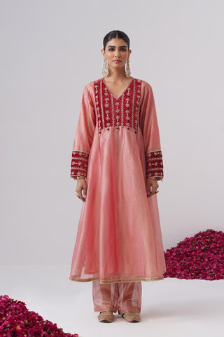 Baby Pink zardozi embroidered crushed tissue silk anarkali