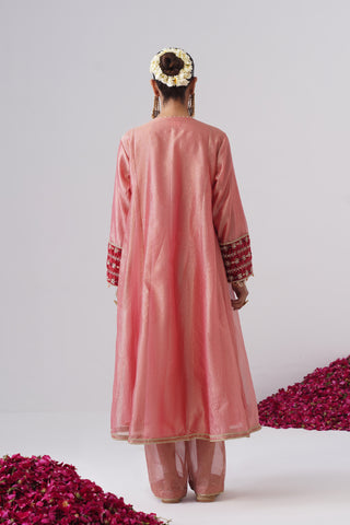 Baby Pink zardozi embroidered crushed tissue silk anarkali