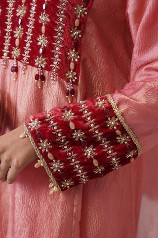 Baby Pink zardozi embroidered crushed tissue silk anarkali