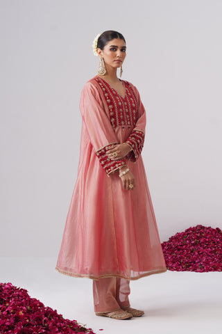 Baby Pink zardozi embroidered crushed tissue silk anarkali