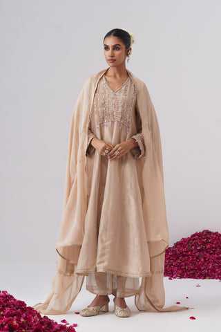 Beige Gold zardozi embroidered anarkali set