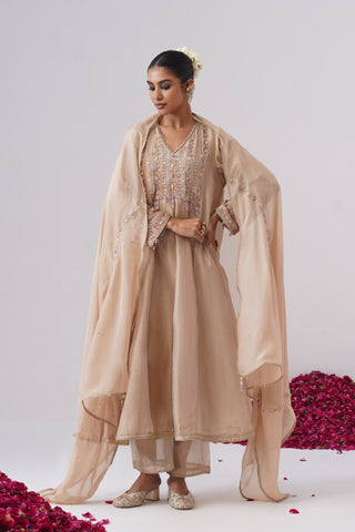 Beige Gold zardozi embroidered anarkali set