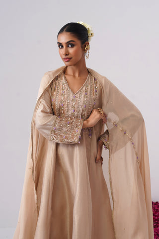 Beige Gold zardozi embroidered anarkali set