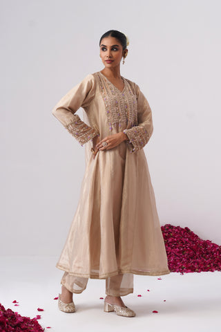 Beige Gold zardozi embroidered anarkali set