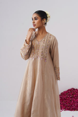 Beige Gold zardozi embroidered anarkali set