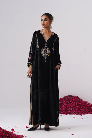 Black velvet kaftan with zardozi and jewel stones hand embroidery