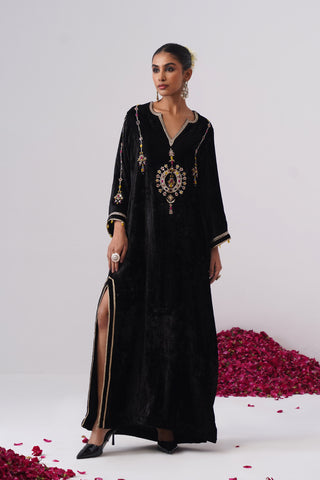 Black velvet kaftan with zardozi and jewel stones hand embroidery