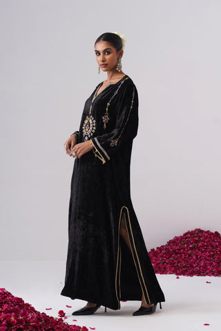Black velvet kaftan with zardozi and jewel stones hand embroidery