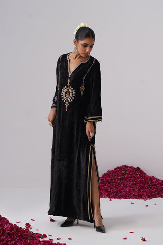 Black velvet kaftan with zardozi and jewel stones hand embroidery