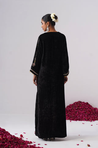Black velvet kaftan with zardozi and jewel stones hand embroidery