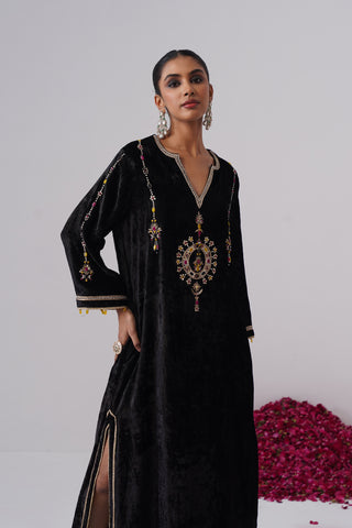 Black velvet kaftan with zardozi and jewel stones hand embroidery