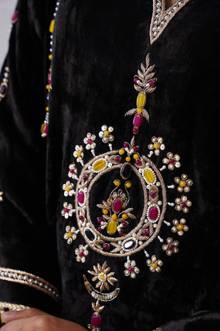 Black velvet kaftan with zardozi and jewel stones hand embroidery