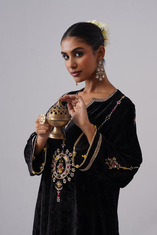 Black velvet kaftan with zardozi and jewel stones hand embroidery