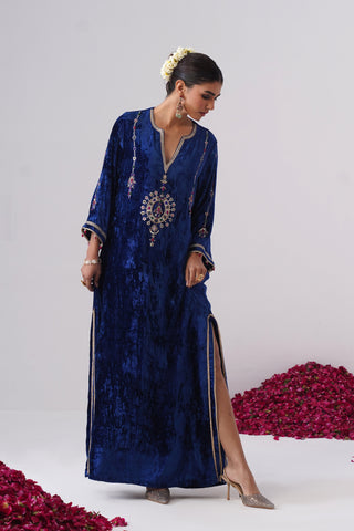 Royal Blue velvet kaftan with zardozi and jewel stones hand embroidery