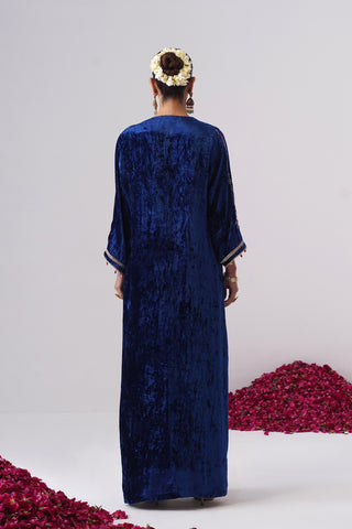 Royal Blue velvet kaftan with zardozi and jewel stones hand embroidery