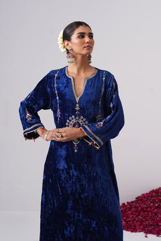 Royal Blue velvet kaftan with zardozi and jewel stones hand embroidery