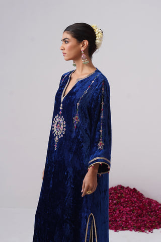 Royal Blue velvet kaftan with zardozi and jewel stones hand embroidery