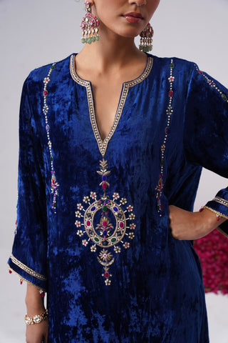 Royal Blue velvet kaftan with zardozi and jewel stones hand embroidery