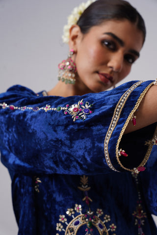 Royal Blue velvet kaftan with zardozi and jewel stones hand embroidery
