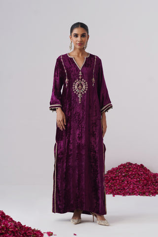 Deep Purple velvet kaftan with zardozi and jewel stones hand embroidery