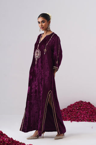 Deep Purple velvet kaftan with zardozi and jewel stones hand embroidery