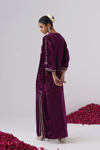 Deep Purple velvet kaftan with zardozi and jewel stones hand embroidery