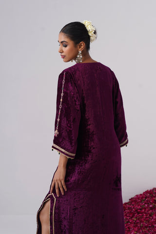 Deep Purple velvet kaftan with zardozi and jewel stones hand embroidery