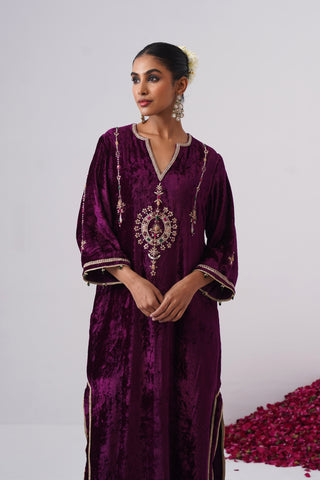 Deep Purple velvet kaftan with zardozi and jewel stones hand embroidery