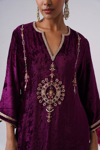Deep Purple velvet kaftan with zardozi and jewel stones hand embroidery