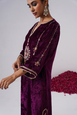 Deep Purple velvet kaftan with zardozi and jewel stones hand embroidery