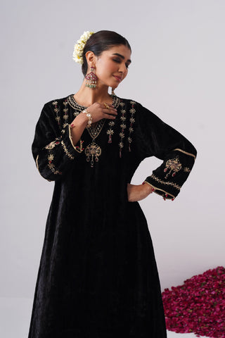 Black zardozi embroidered velvet kurta paired with velvet pants and embroidered tissue chanderi stripe dupatta
