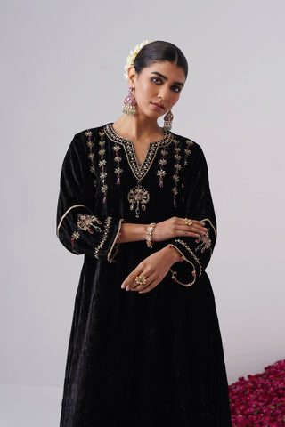 Black zardozi embroidered velvet kurta paired with velvet pants and embroidered tissue chanderi stripe dupatta