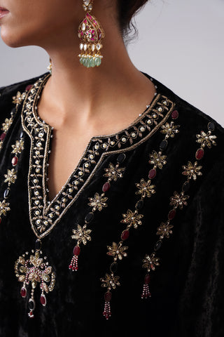 Black zardozi embroidered velvet kurta paired with velvet pants and embroidered tissue chanderi stripe dupatta