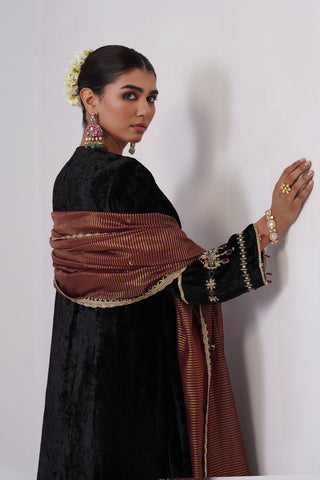 Black zardozi embroidered velvet kurta paired with velvet pants and embroidered tissue chanderi stripe dupatta