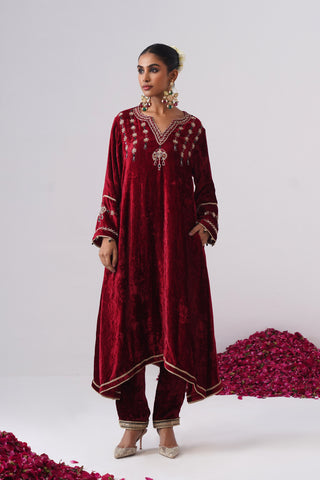 Red zardozi embroidered velvet kurta paired with velvet pants and embroidered tissue chanderi stripe dupatta
