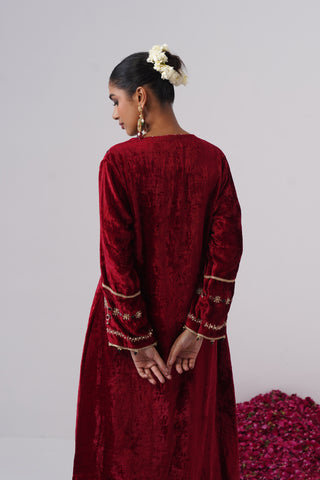 Red zardozi embroidered velvet kurta paired with velvet pants and embroidered tissue chanderi stripe dupatta