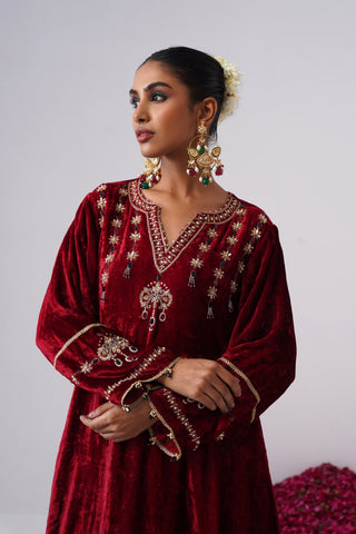 Red zardozi embroidered velvet kurta paired with velvet pants and embroidered tissue chanderi stripe dupatta