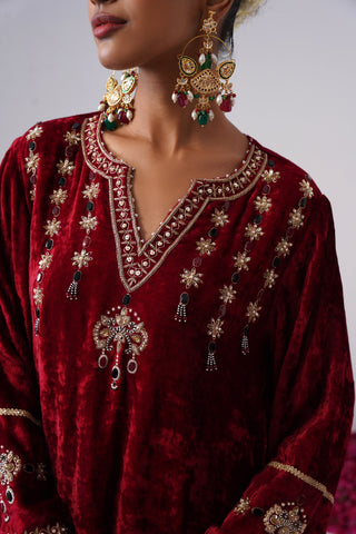 Red zardozi embroidered velvet kurta paired with velvet pants and embroidered tissue chanderi stripe dupatta