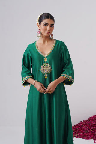 Emerald Green zardozi embroidered chanderi silk kurta