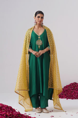 Emerald Green zardozi embroidered chanderi silk kurta