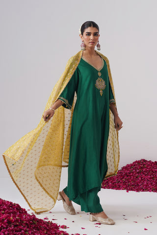 Emerald Green zardozi embroidered chanderi silk kurta