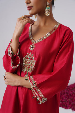 Red zardozi embroidered chanderi silk kurta set
