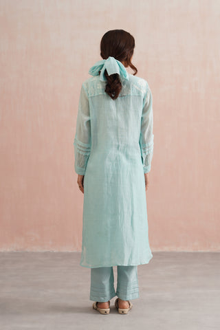 Pale Blue Mul Chanderi Appliqué & Pearl Embroidered Kurta Co-ord Set