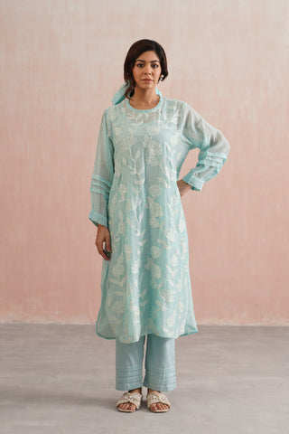 Pale Blue Mul chanderi applique and pearl embroidered kurta