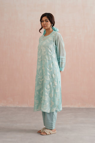 Pale Blue Mul chanderi applique and pearl embroidered kurta