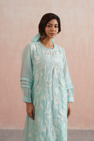 Pale Blue Mul Chanderi Appliqué & Pearl Embroidered Kurta Co-ord Set